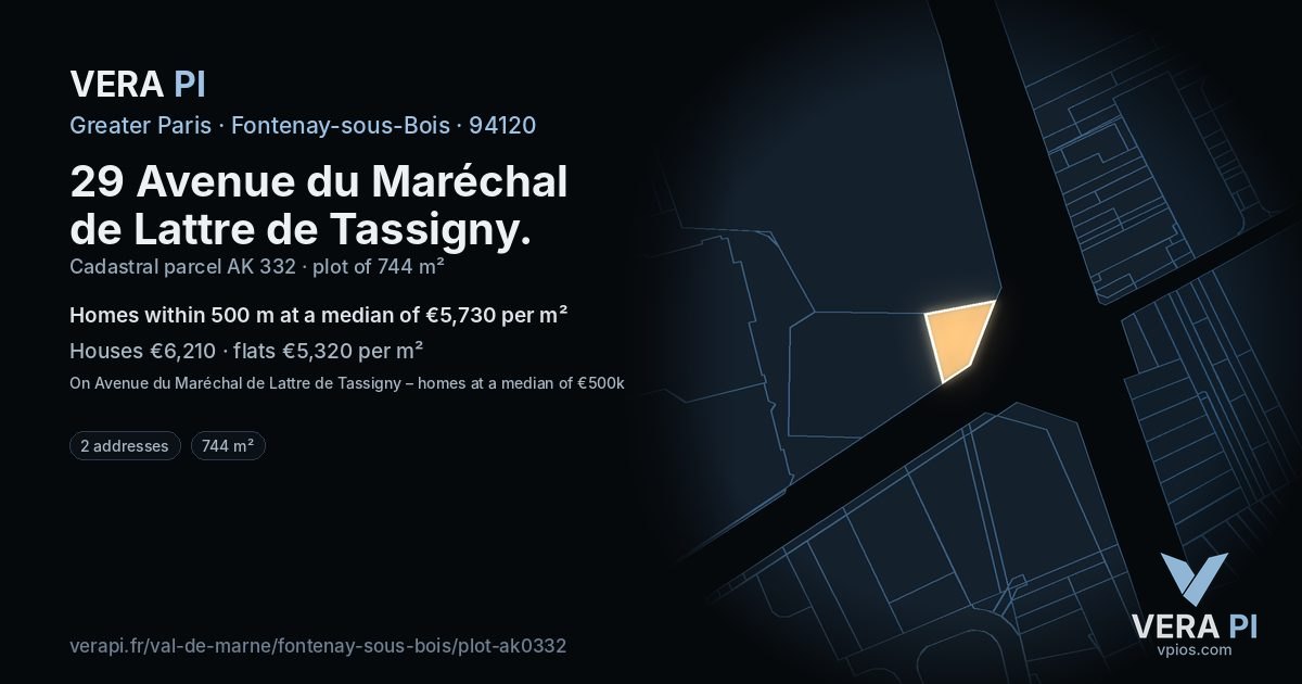 29 Avenue du Maréchal de Lattre de Tassigny, Fontenay-sous-Bois at night – the plot lit, the parcels around coloured by the prices near them