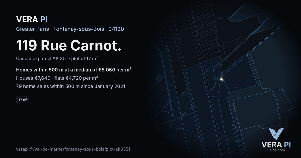 119 Rue Carnot, Fontenay-sous-Bois at night – the plot lit, the parcels around coloured by the prices near them