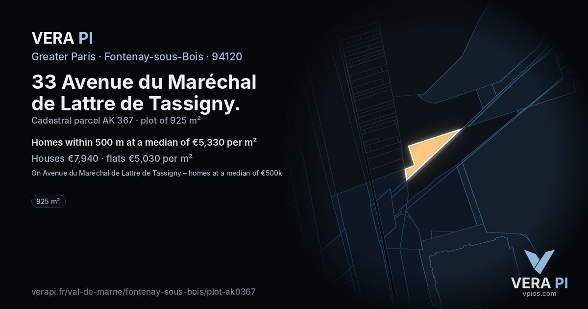 33 Avenue du Maréchal de Lattre de Tassigny, Fontenay-sous-Bois at night – the plot lit, the parcels around coloured by the prices near them