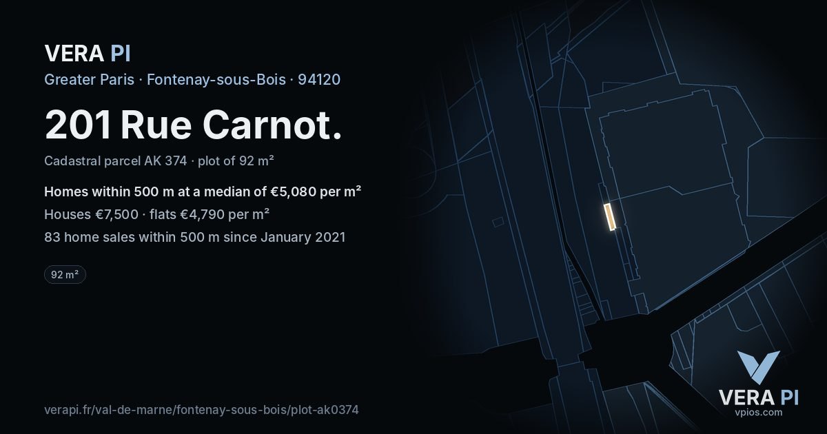 201 Rue Carnot, Fontenay-sous-Bois at night – the plot lit, the parcels around coloured by the prices near them