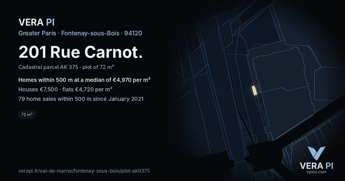 201 Rue Carnot, Fontenay-sous-Bois at night – the plot lit, the parcels around coloured by the prices near them