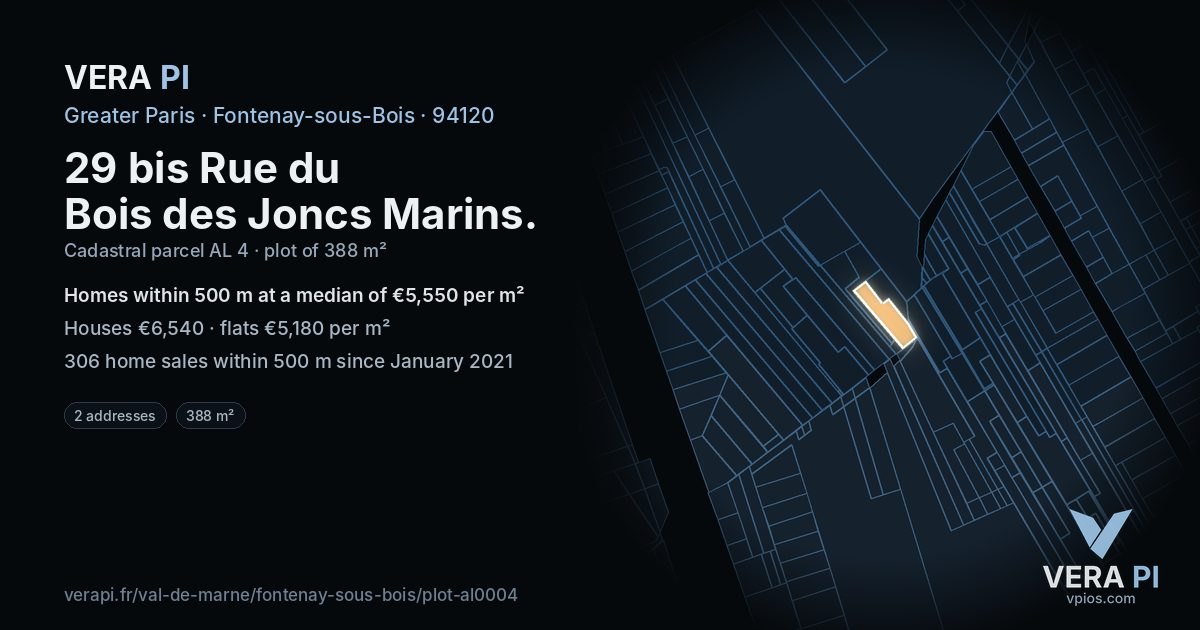 29 bis Rue du Bois des Joncs Marins, Fontenay-sous-Bois at night – the plot lit, the parcels around coloured by the prices near them