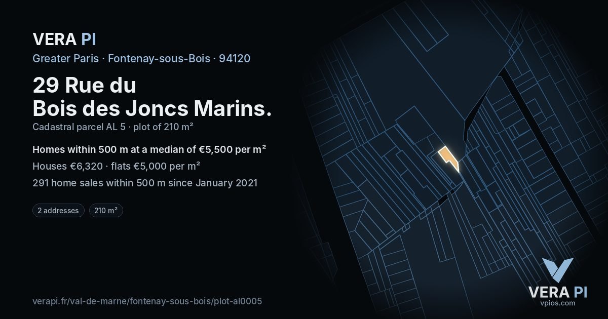 29 Rue du Bois des Joncs Marins, Fontenay-sous-Bois at night – the plot lit, the parcels around coloured by the prices near them