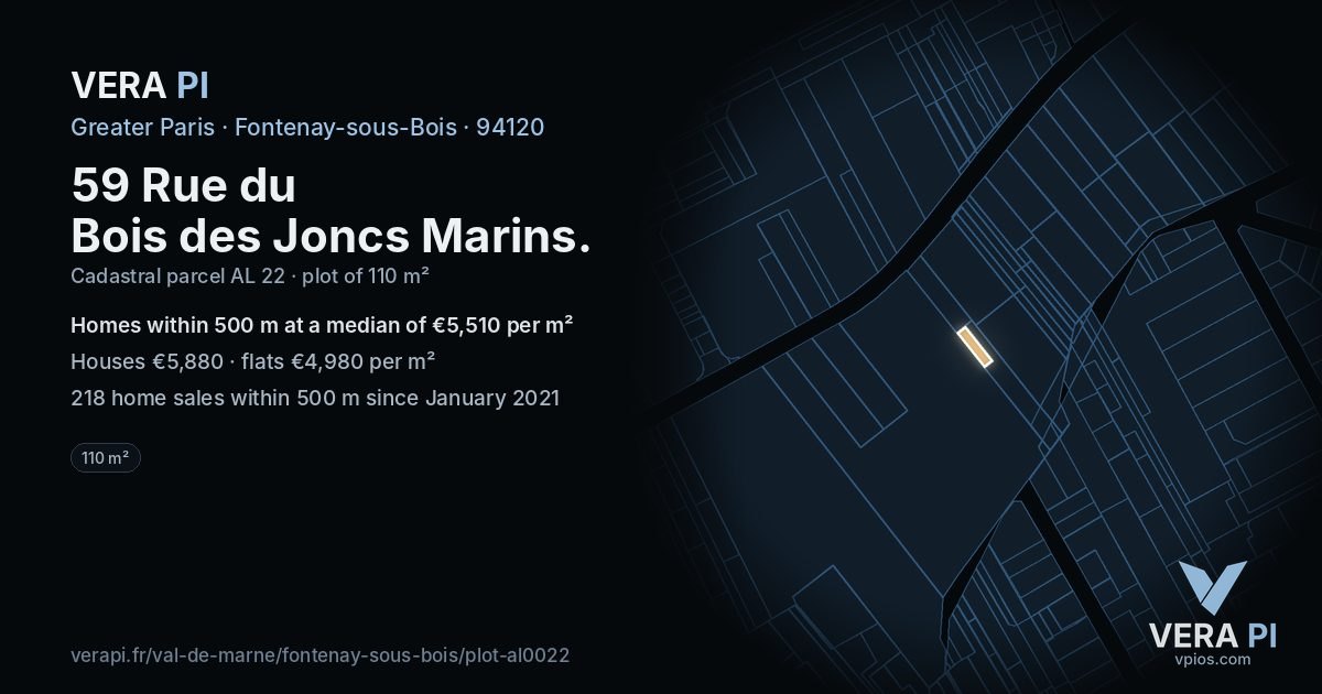 59 Rue du Bois des Joncs Marins, Fontenay-sous-Bois at night – the plot lit, the parcels around coloured by the prices near them
