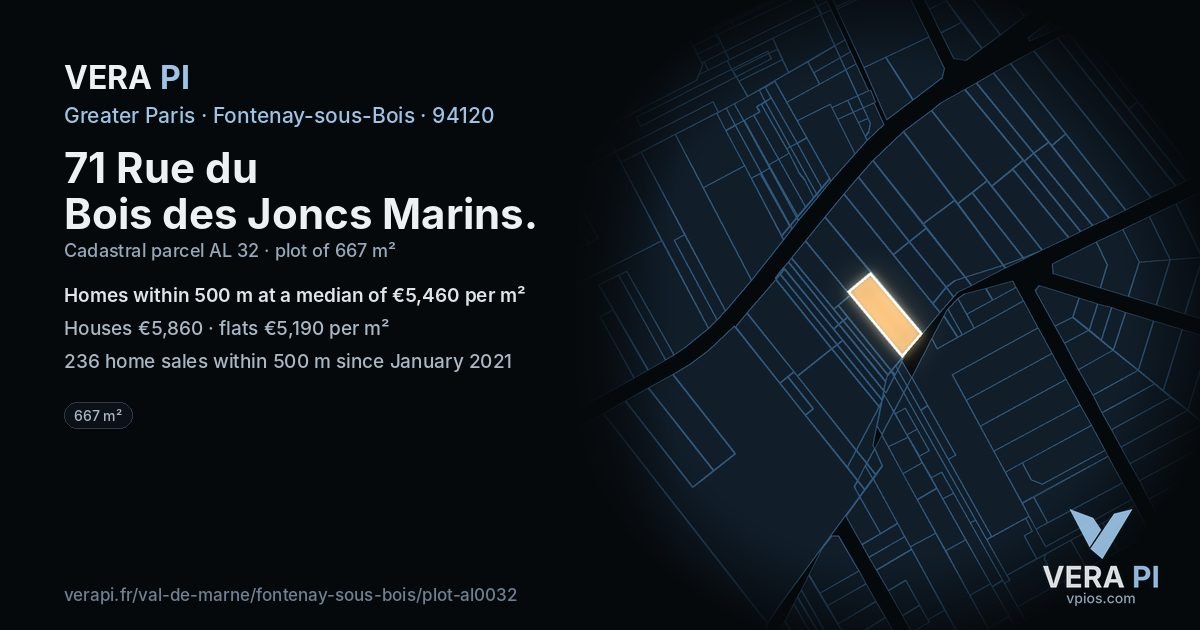 71 Rue du Bois des Joncs Marins, Fontenay-sous-Bois at night – the plot lit, the parcels around coloured by the prices near them