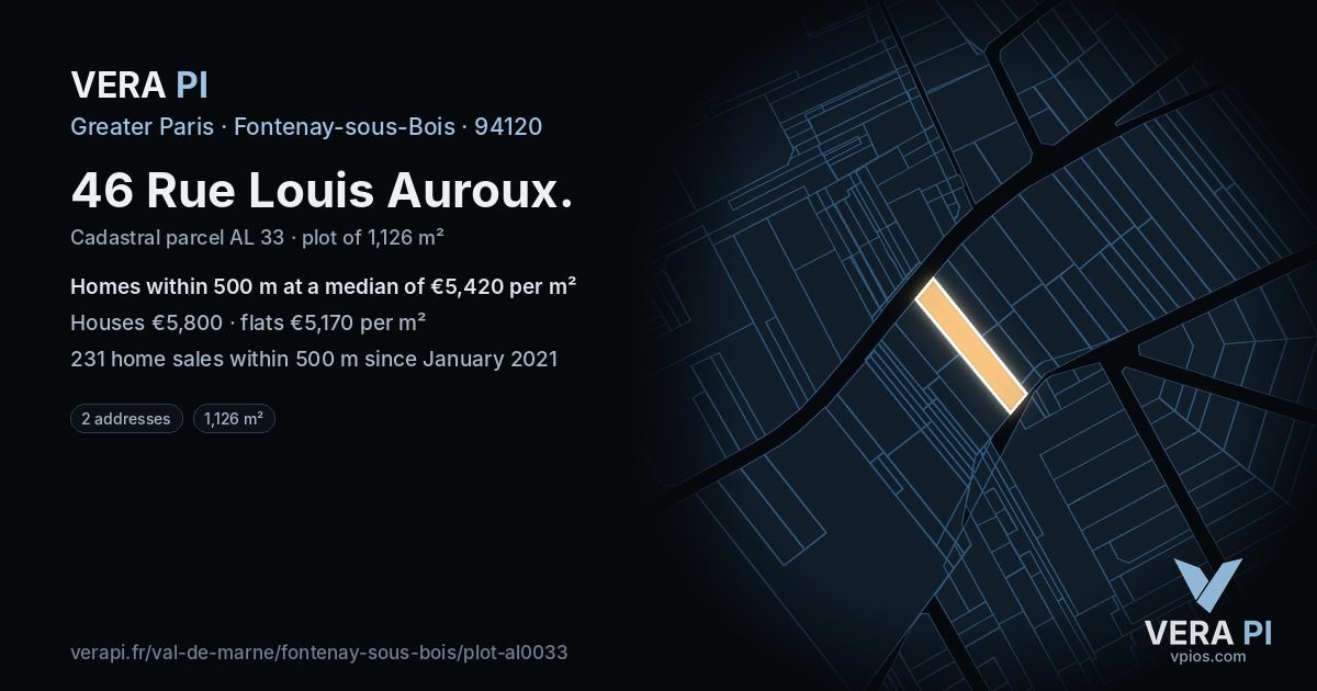 46 Rue Louis Auroux, Fontenay-sous-Bois at night – the plot lit, the parcels around coloured by the prices near them