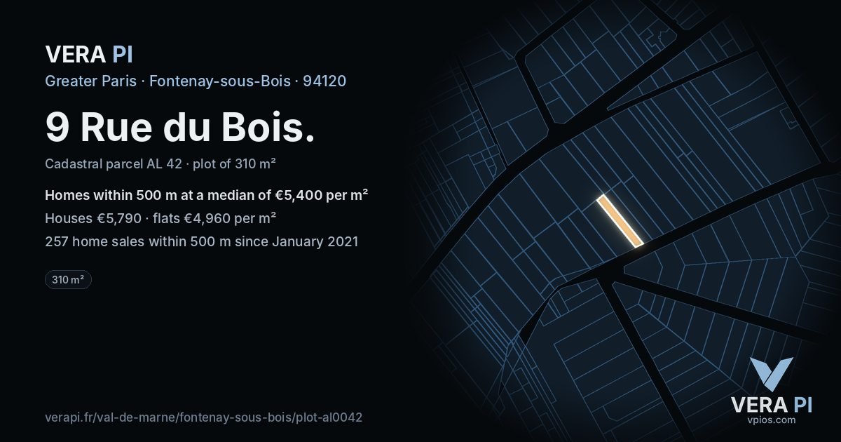 9 Rue du Bois, Fontenay-sous-Bois at night – the plot lit, the parcels around coloured by the prices near them