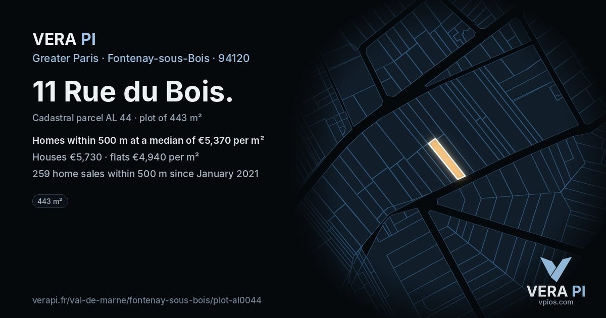11 Rue du Bois, Fontenay-sous-Bois at night – the plot lit, the parcels around coloured by the prices near them
