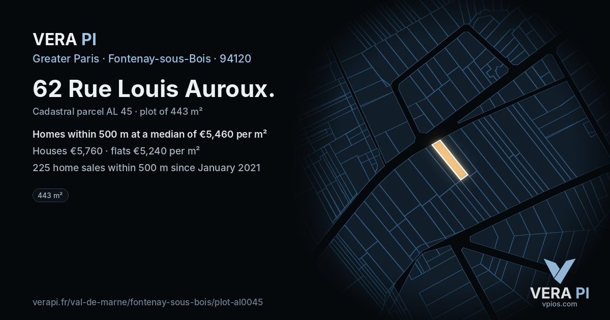 62 Rue Louis Auroux, Fontenay-sous-Bois at night – the plot lit, the parcels around coloured by the prices near them