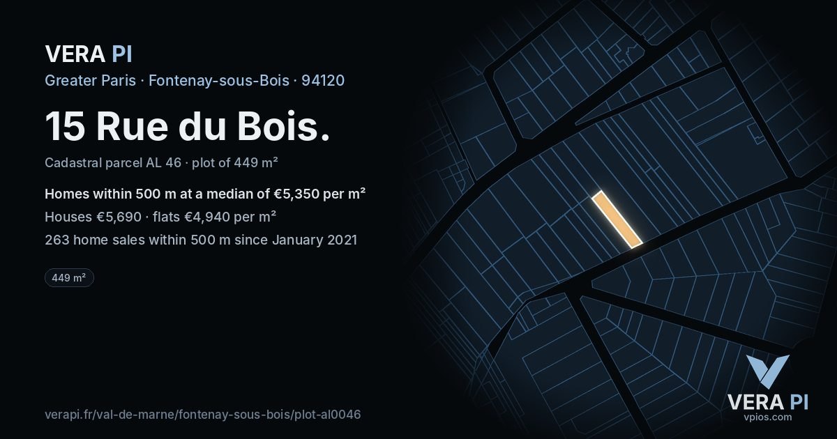 15 Rue du Bois, Fontenay-sous-Bois at night – the plot lit, the parcels around coloured by the prices near them