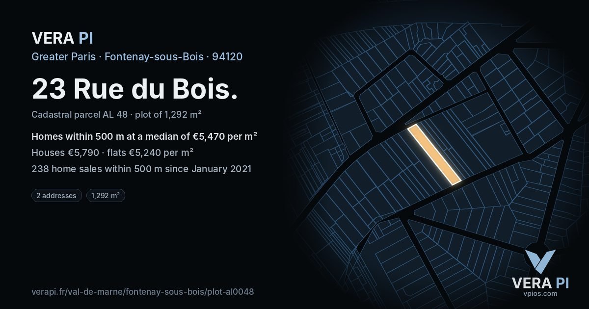 23 Rue du Bois, Fontenay-sous-Bois at night – the plot lit, the parcels around coloured by the prices near them
