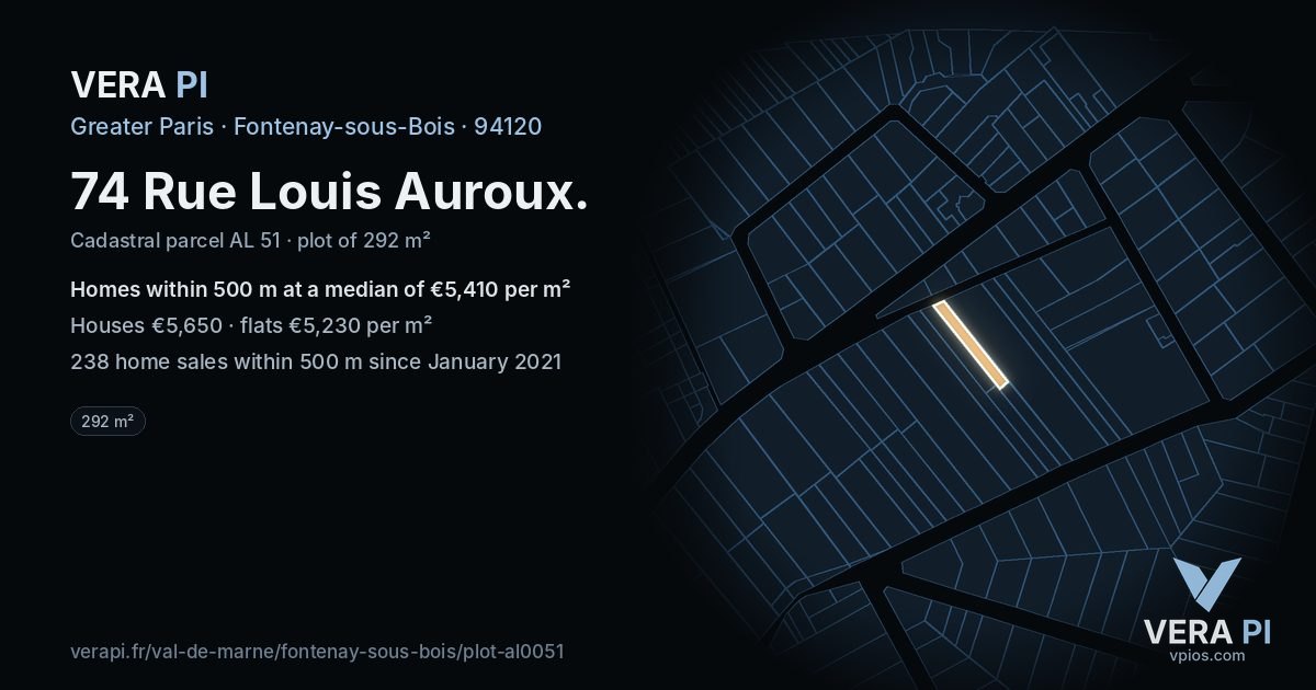 74 Rue Louis Auroux, Fontenay-sous-Bois at night – the plot lit, the parcels around coloured by the prices near them