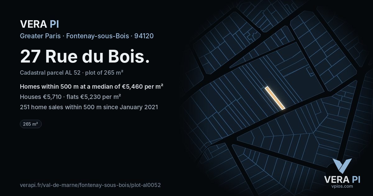 27 Rue du Bois, Fontenay-sous-Bois at night – the plot lit, the parcels around coloured by the prices near them