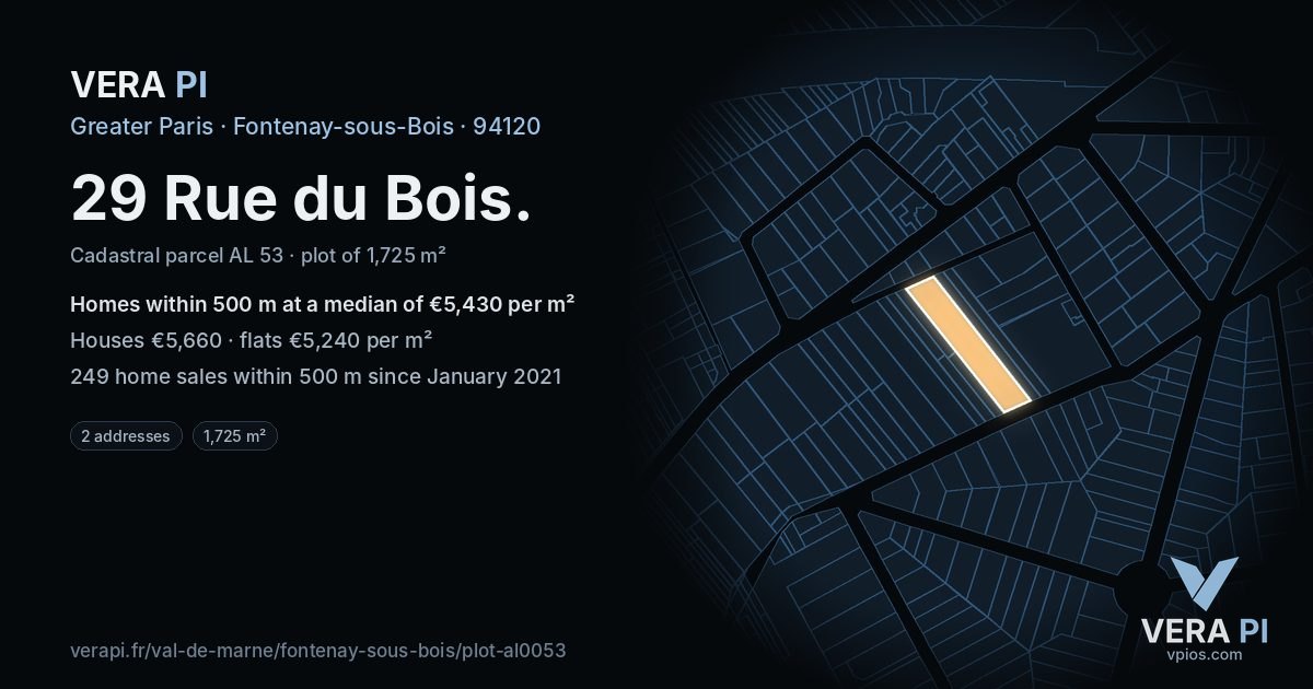 29 Rue du Bois, Fontenay-sous-Bois at night – the plot lit, the parcels around coloured by the prices near them