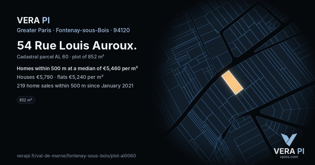 54 Rue Louis Auroux, Fontenay-sous-Bois at night – the plot lit, the parcels around coloured by the prices near them