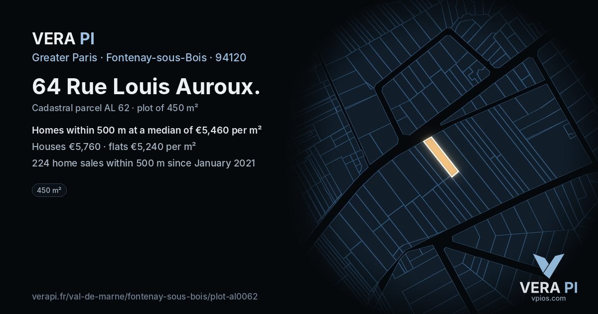 64 Rue Louis Auroux, Fontenay-sous-Bois at night – the plot lit, the parcels around coloured by the prices near them