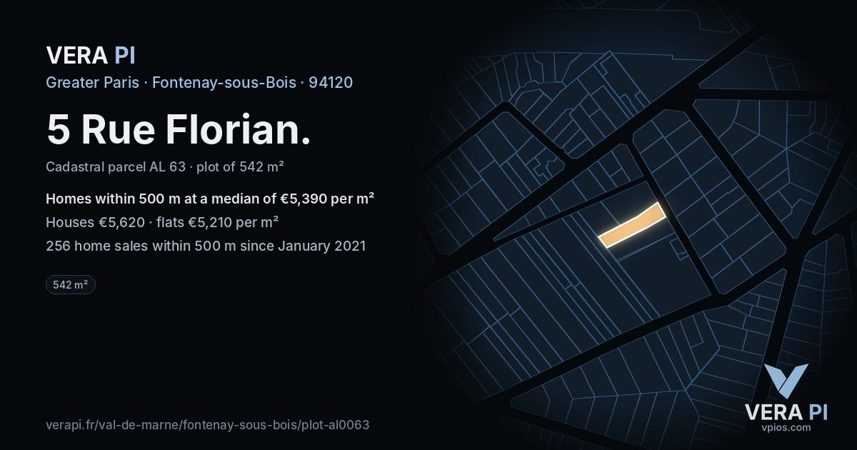 5 Rue Florian, Fontenay-sous-Bois at night – the plot lit, the parcels around coloured by the prices near them