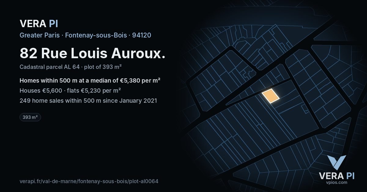 82 Rue Louis Auroux, Fontenay-sous-Bois at night – the plot lit, the parcels around coloured by the prices near them