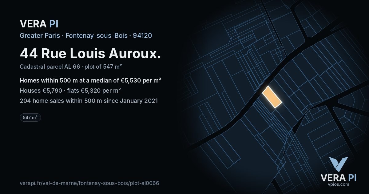 44 Rue Louis Auroux, Fontenay-sous-Bois at night – the plot lit, the parcels around coloured by the prices near them