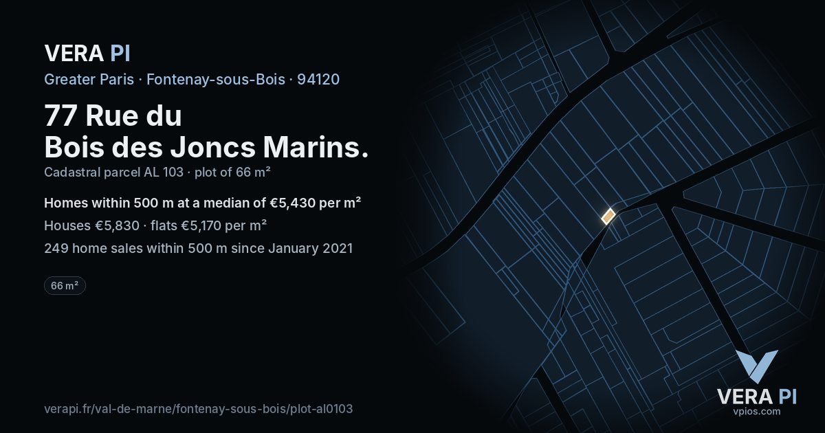 77 Rue du Bois des Joncs Marins, Fontenay-sous-Bois at night – the plot lit, the parcels around coloured by the prices near them