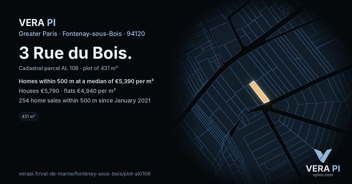3 Rue du Bois, Fontenay-sous-Bois at night – the plot lit, the parcels around coloured by the prices near them