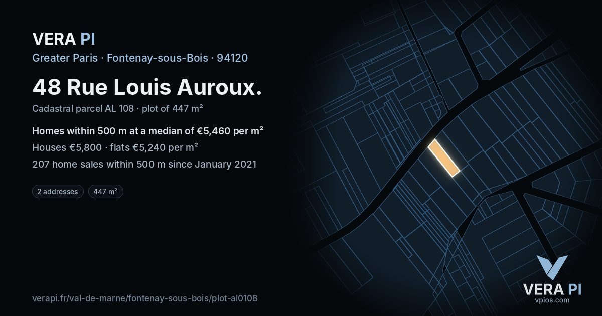 48 Rue Louis Auroux, Fontenay-sous-Bois at night – the plot lit, the parcels around coloured by the prices near them