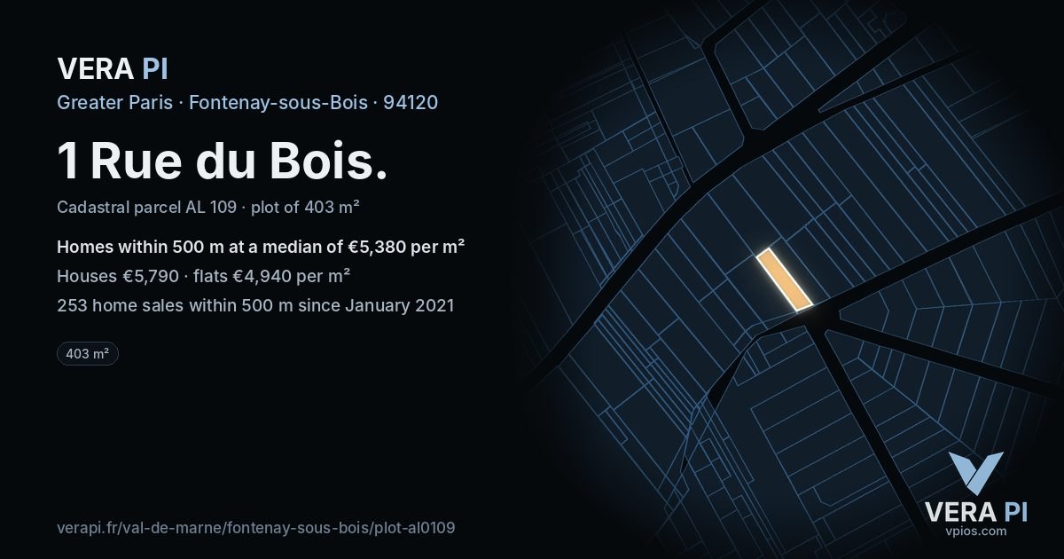 1 Rue du Bois, Fontenay-sous-Bois at night – the plot lit, the parcels around coloured by the prices near them
