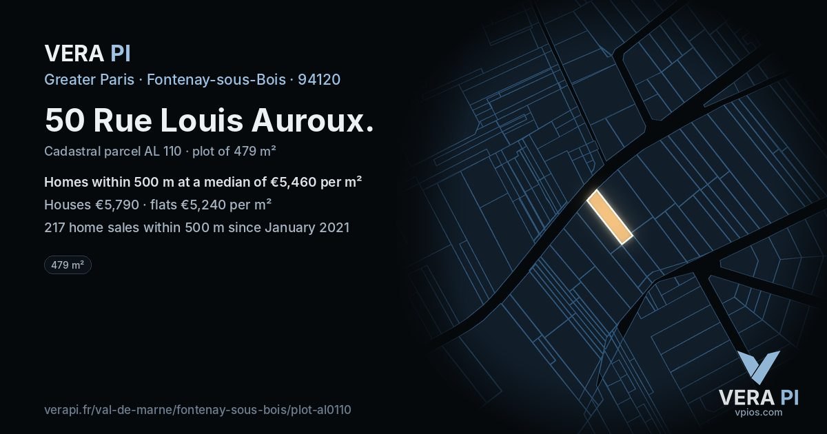50 Rue Louis Auroux, Fontenay-sous-Bois at night – the plot lit, the parcels around coloured by the prices near them