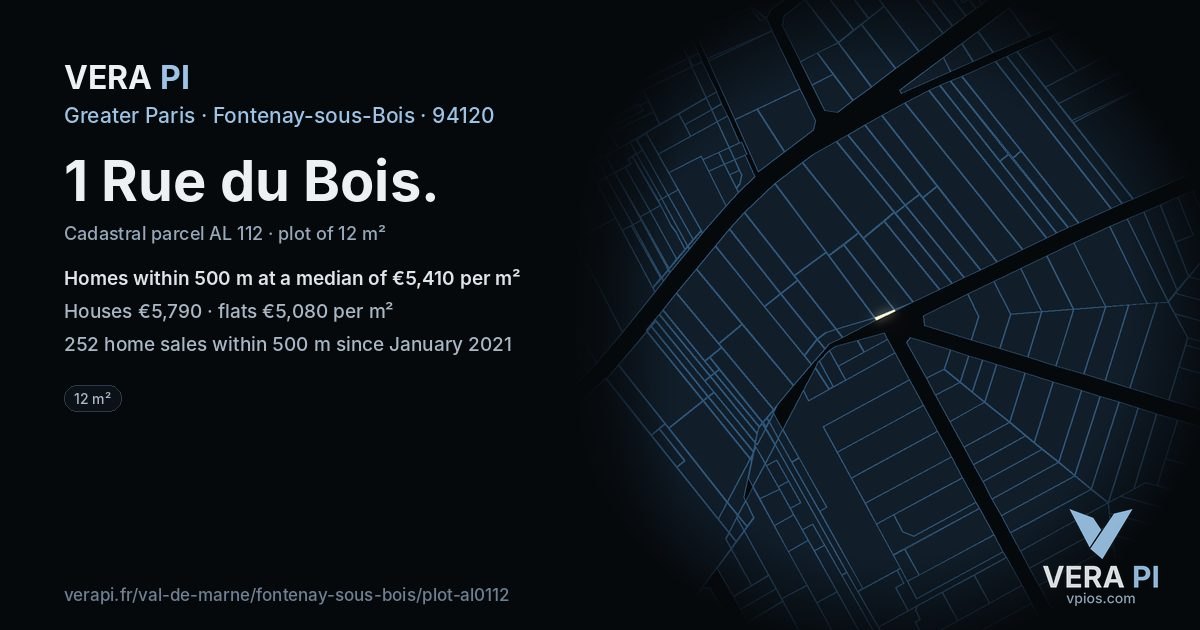 1 Rue du Bois, Fontenay-sous-Bois at night – the plot lit, the parcels around coloured by the prices near them