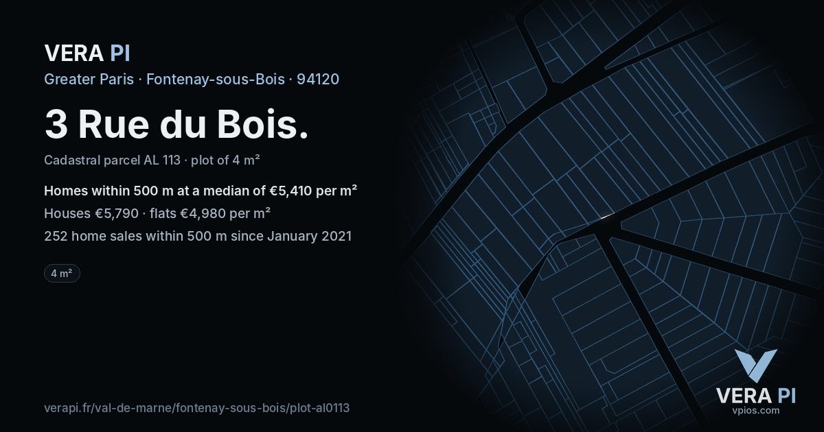 3 Rue du Bois, Fontenay-sous-Bois at night – the plot lit, the parcels around coloured by the prices near them