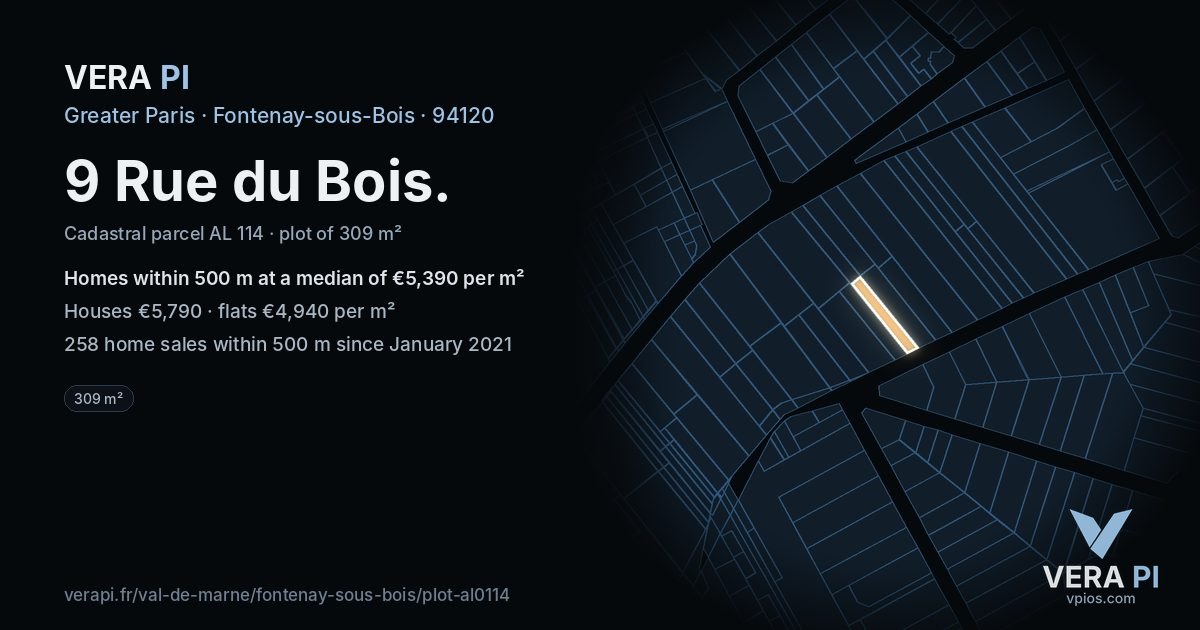 9 Rue du Bois, Fontenay-sous-Bois at night – the plot lit, the parcels around coloured by the prices near them