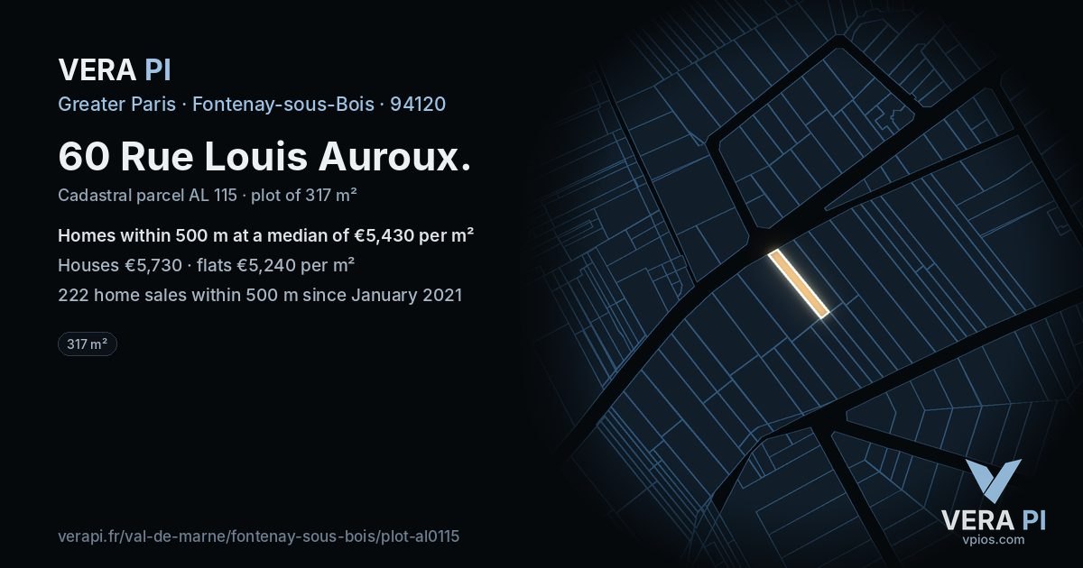 60 Rue Louis Auroux, Fontenay-sous-Bois at night – the plot lit, the parcels around coloured by the prices near them