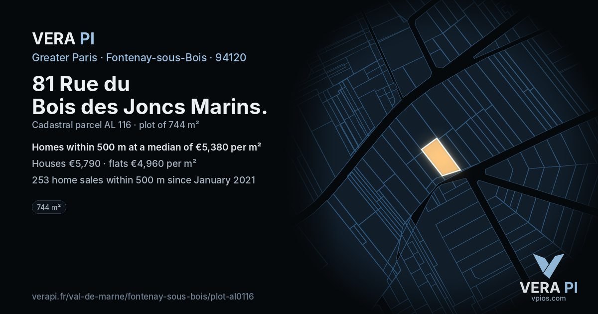 81 Rue du Bois des Joncs Marins, Fontenay-sous-Bois at night – the plot lit, the parcels around coloured by the prices near them