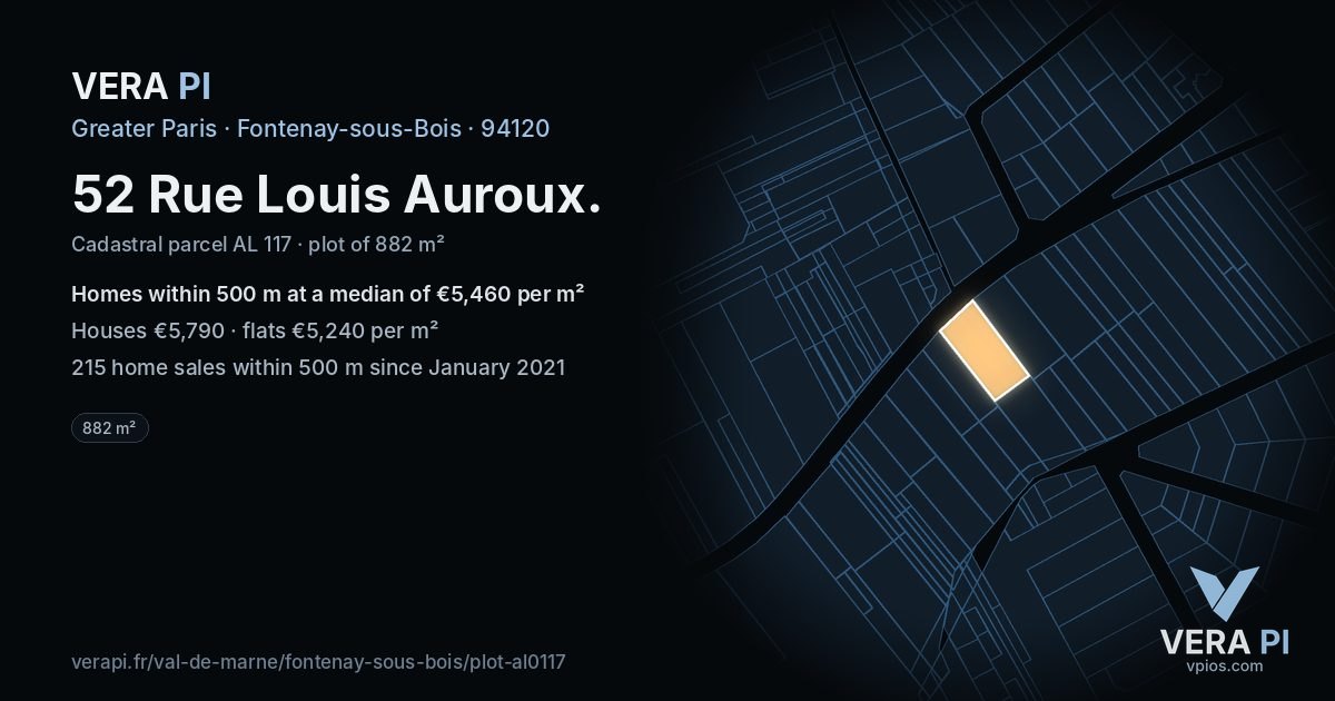 52 Rue Louis Auroux, Fontenay-sous-Bois at night – the plot lit, the parcels around coloured by the prices near them