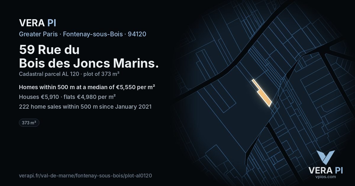 59 Rue du Bois des Joncs Marins, Fontenay-sous-Bois at night – the plot lit, the parcels around coloured by the prices near them