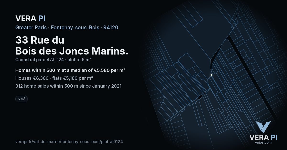 33 Rue du Bois des Joncs Marins, Fontenay-sous-Bois at night – the plot lit, the parcels around coloured by the prices near them