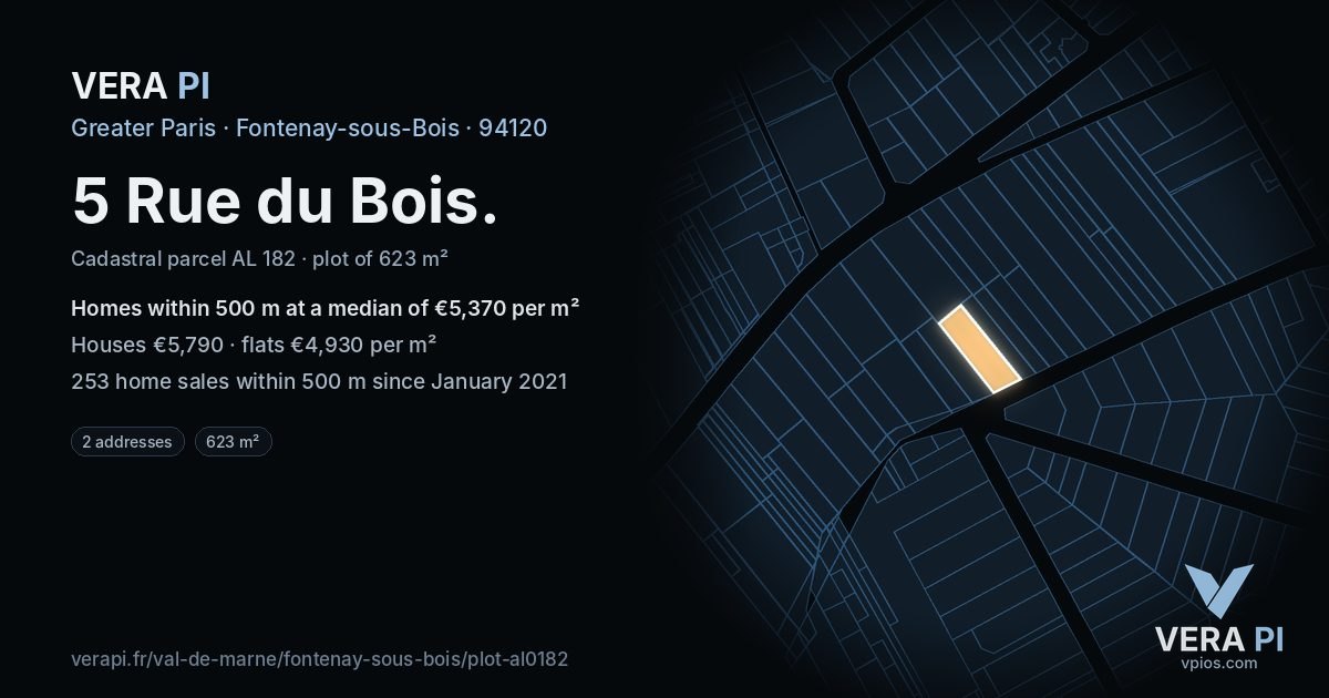 5 Rue du Bois, Fontenay-sous-Bois at night – the plot lit, the parcels around coloured by the prices near them