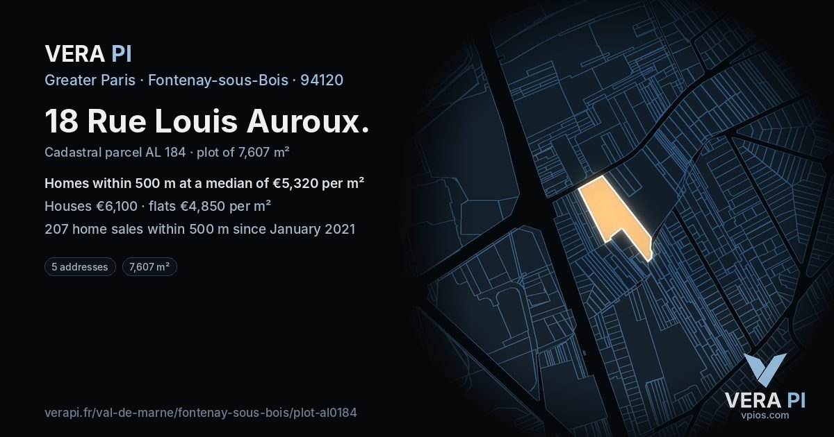 18 Rue Louis Auroux, Fontenay-sous-Bois at night – the plot lit, the parcels around coloured by the prices near them