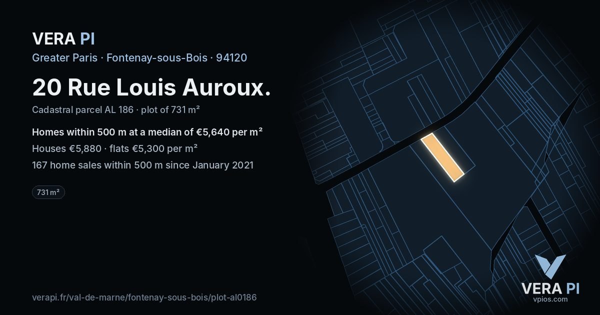 20 Rue Louis Auroux, Fontenay-sous-Bois at night – the plot lit, the parcels around coloured by the prices near them