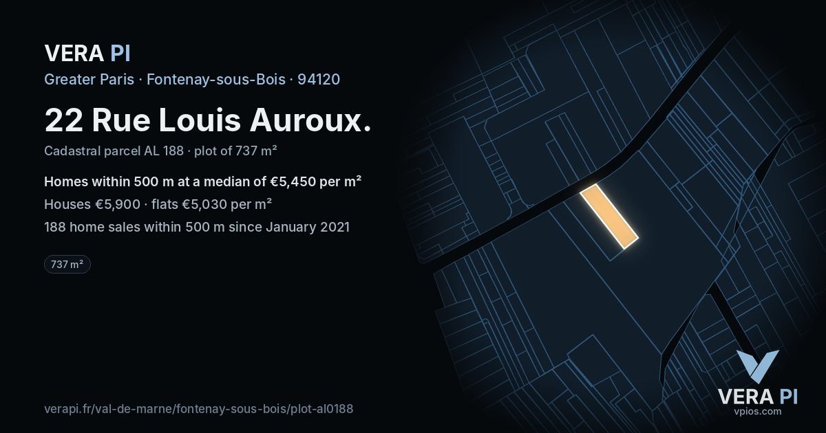 22 Rue Louis Auroux, Fontenay-sous-Bois at night – the plot lit, the parcels around coloured by the prices near them