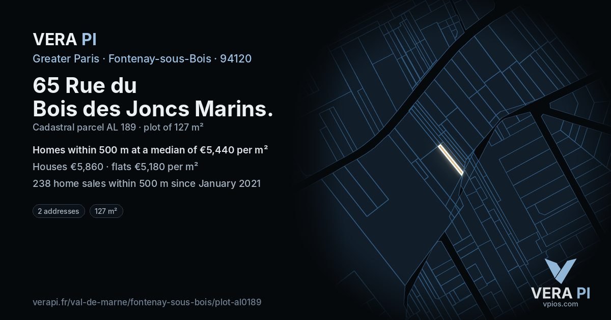 65 Rue du Bois des Joncs Marins, Fontenay-sous-Bois at night – the plot lit, the parcels around coloured by the prices near them