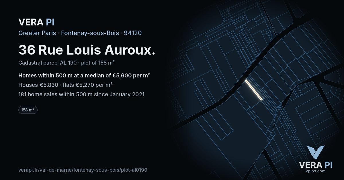 36 Rue Louis Auroux, Fontenay-sous-Bois at night – the plot lit, the parcels around coloured by the prices near them