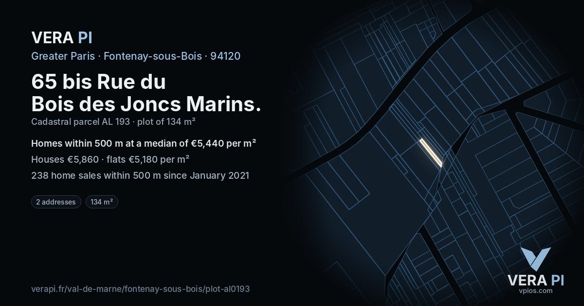 65 bis Rue du Bois des Joncs Marins, Fontenay-sous-Bois at night – the plot lit, the parcels around coloured by the prices near them