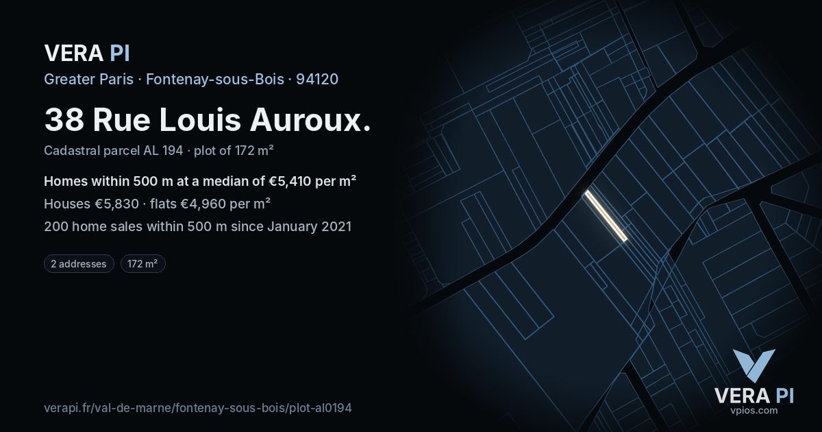 38 Rue Louis Auroux, Fontenay-sous-Bois at night – the plot lit, the parcels around coloured by the prices near them