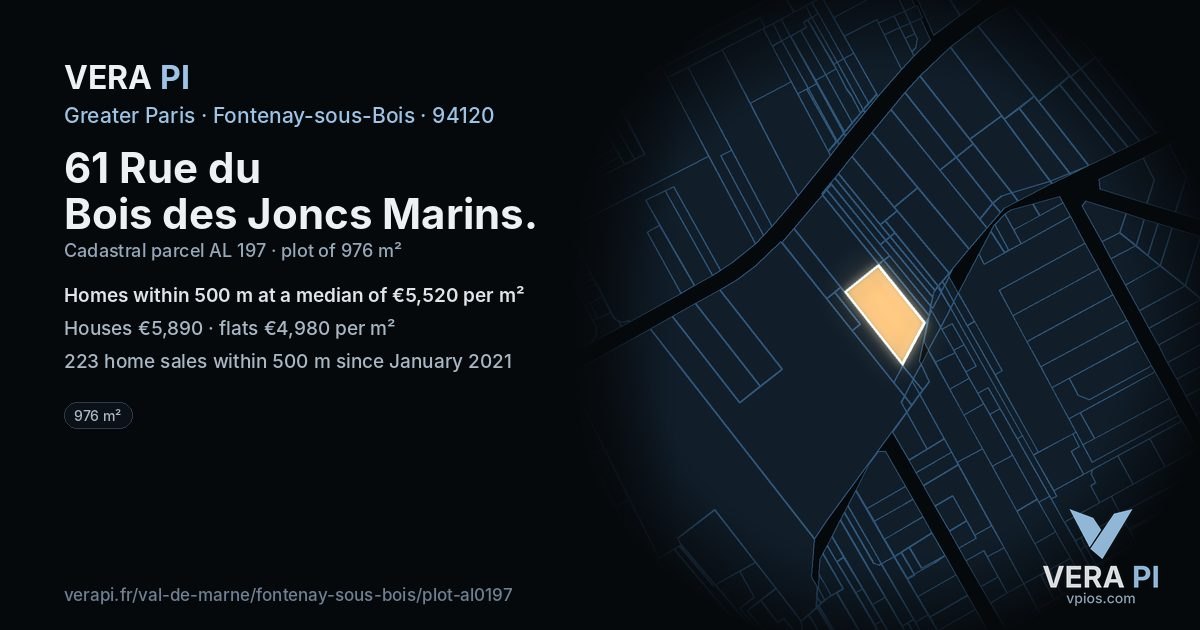 61 Rue du Bois des Joncs Marins, Fontenay-sous-Bois at night – the plot lit, the parcels around coloured by the prices near them