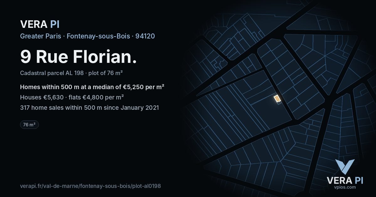 9 Rue Florian, Fontenay-sous-Bois at night – the plot lit, the parcels around coloured by the prices near them