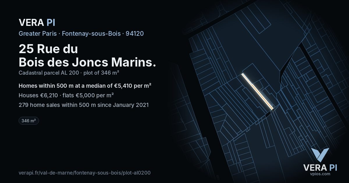 25 Rue du Bois des Joncs Marins, Fontenay-sous-Bois at night – the plot lit, the parcels around coloured by the prices near them