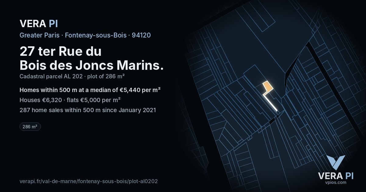 27 ter Rue du Bois des Joncs Marins, Fontenay-sous-Bois at night – the plot lit, the parcels around coloured by the prices near them