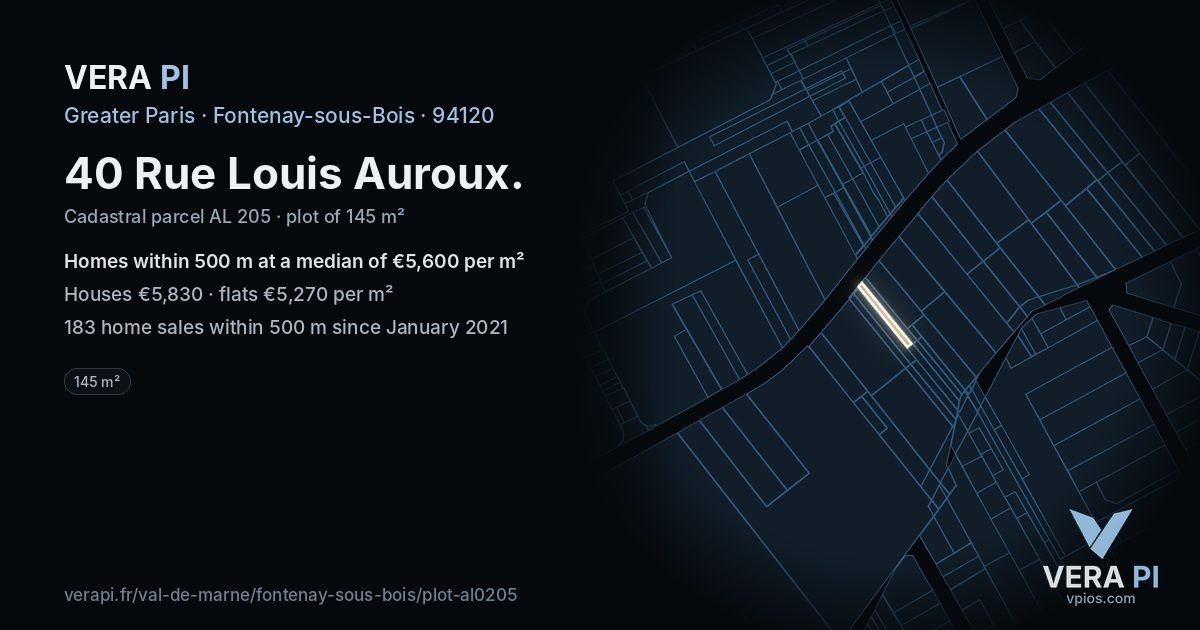40 Rue Louis Auroux, Fontenay-sous-Bois at night – the plot lit, the parcels around coloured by the prices near them