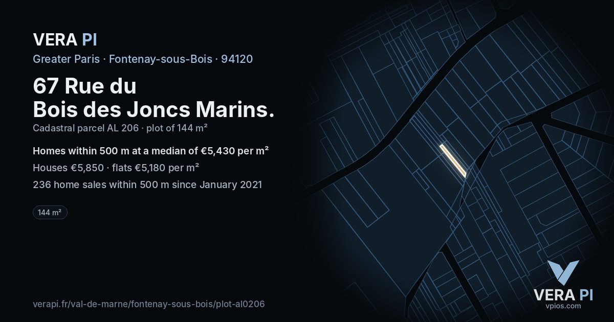 67 Rue du Bois des Joncs Marins, Fontenay-sous-Bois at night – the plot lit, the parcels around coloured by the prices near them